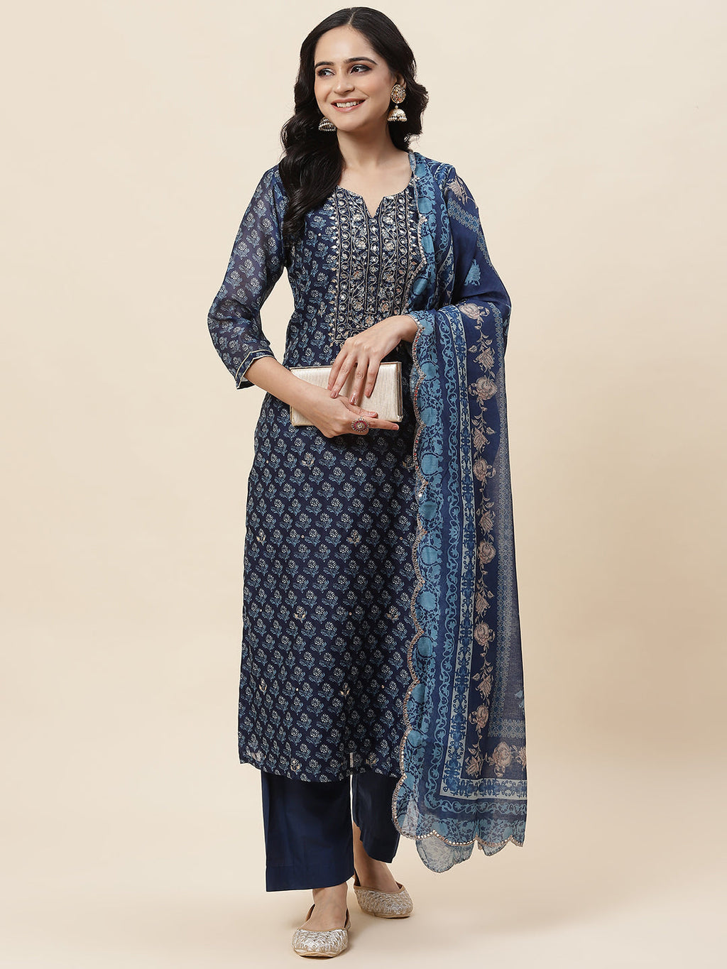 Floral Printed Chanderi Kurta With Pants & Dupatta