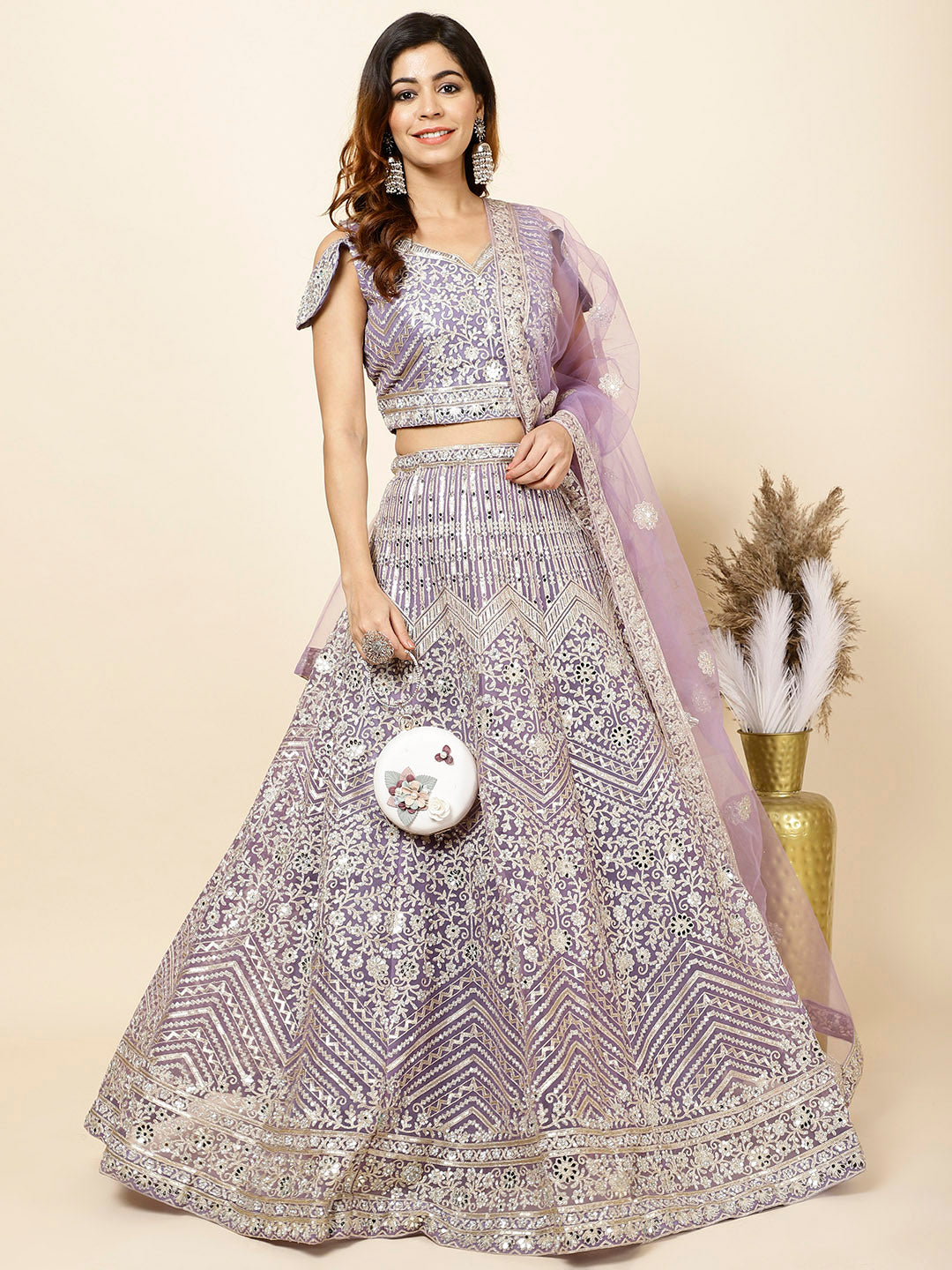 Zari Embroidered Net Choli With Lehenga & Dupatta