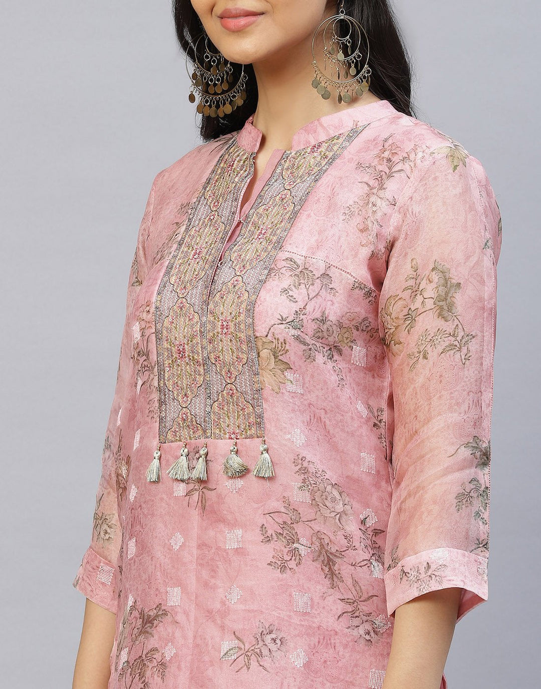 Organza Printed Kurti Pant Set with Yoke Detail