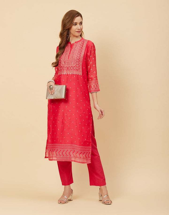 Embroidered Chanderi Kurti With Pant