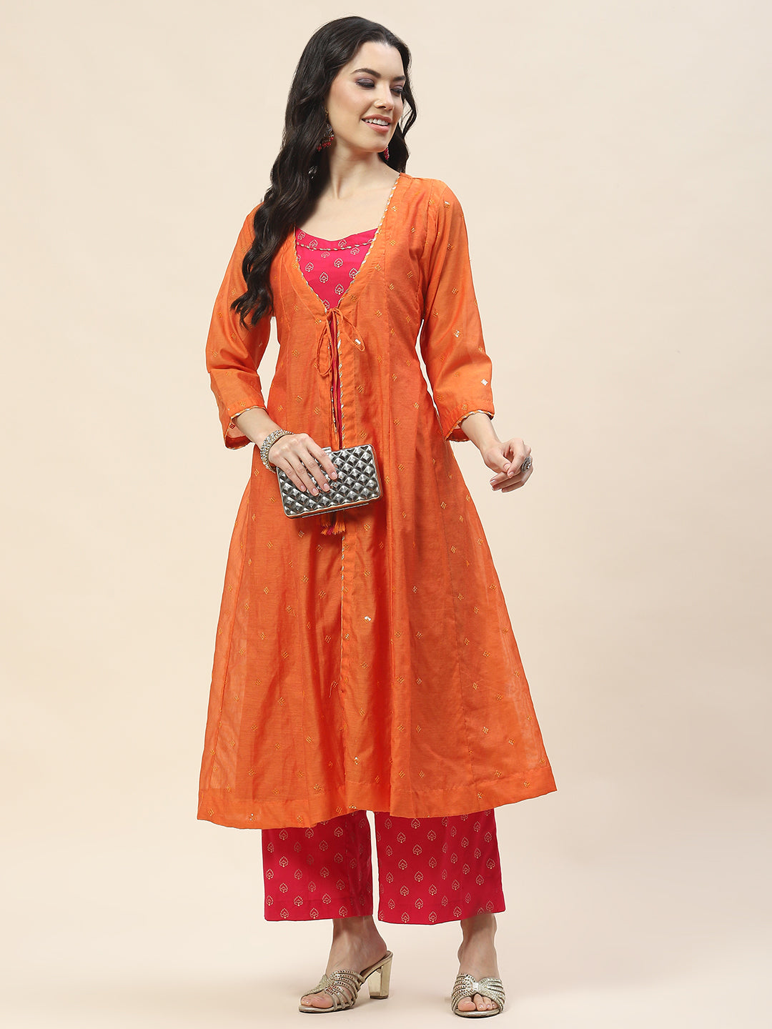 Embroidered Chanderi Kurta With Cape & Pants