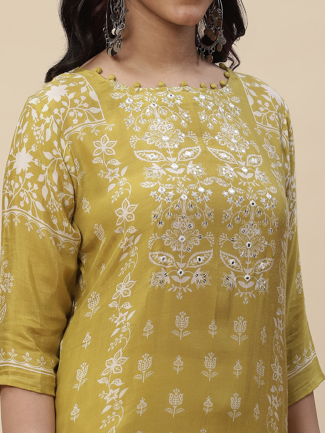 Neck Mirror Work  Printed Cotton Kurta