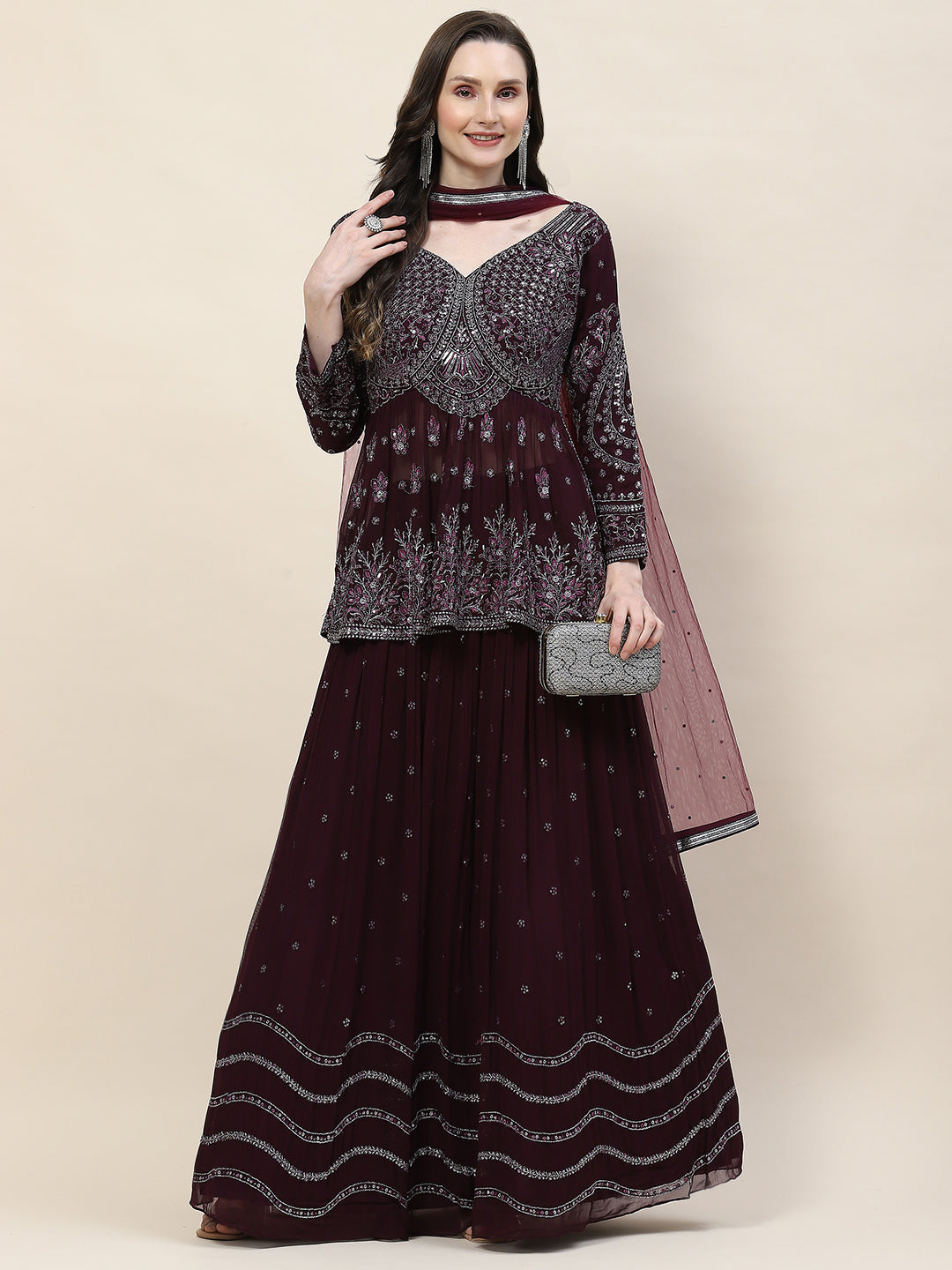 Sequin Zari Embroidered Georgette Choli With Lehenga &amp; Dupatta