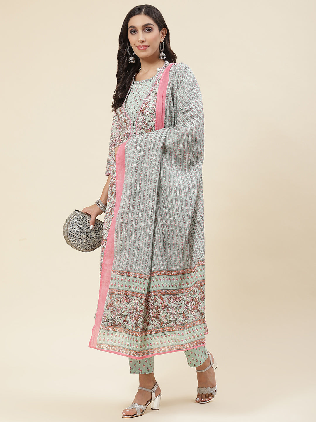 Floral Printed Cotton Kurta With Pants &amp; Dupatta