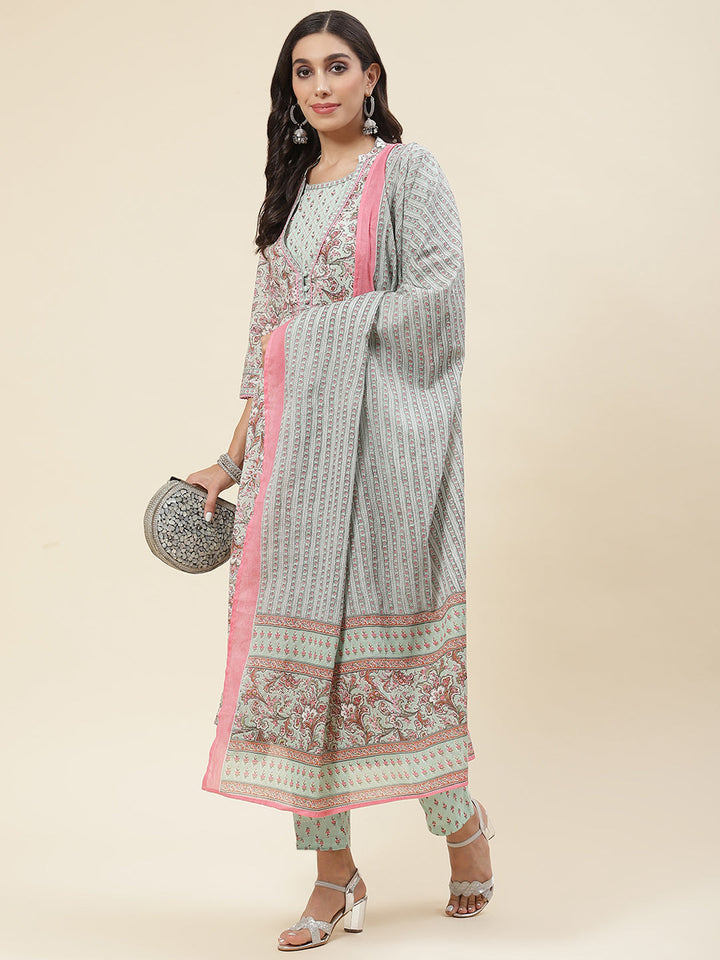 Floral Printed Cotton Kurta With Pants &amp; Dupatta