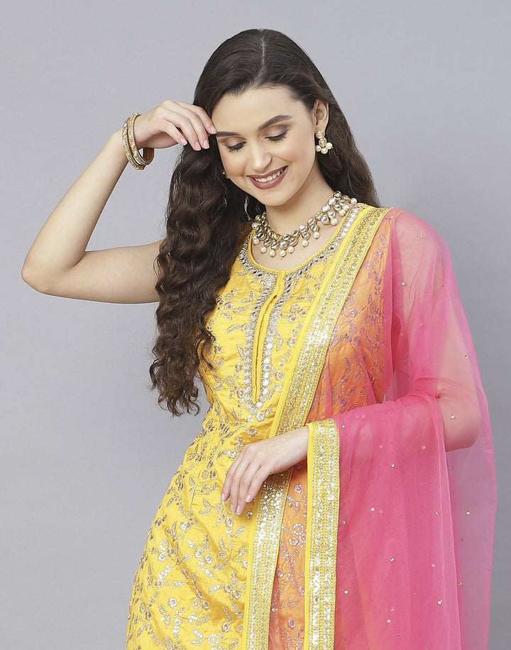 Mustard and Tomato Red Handloom Dupion Salwar Kameez