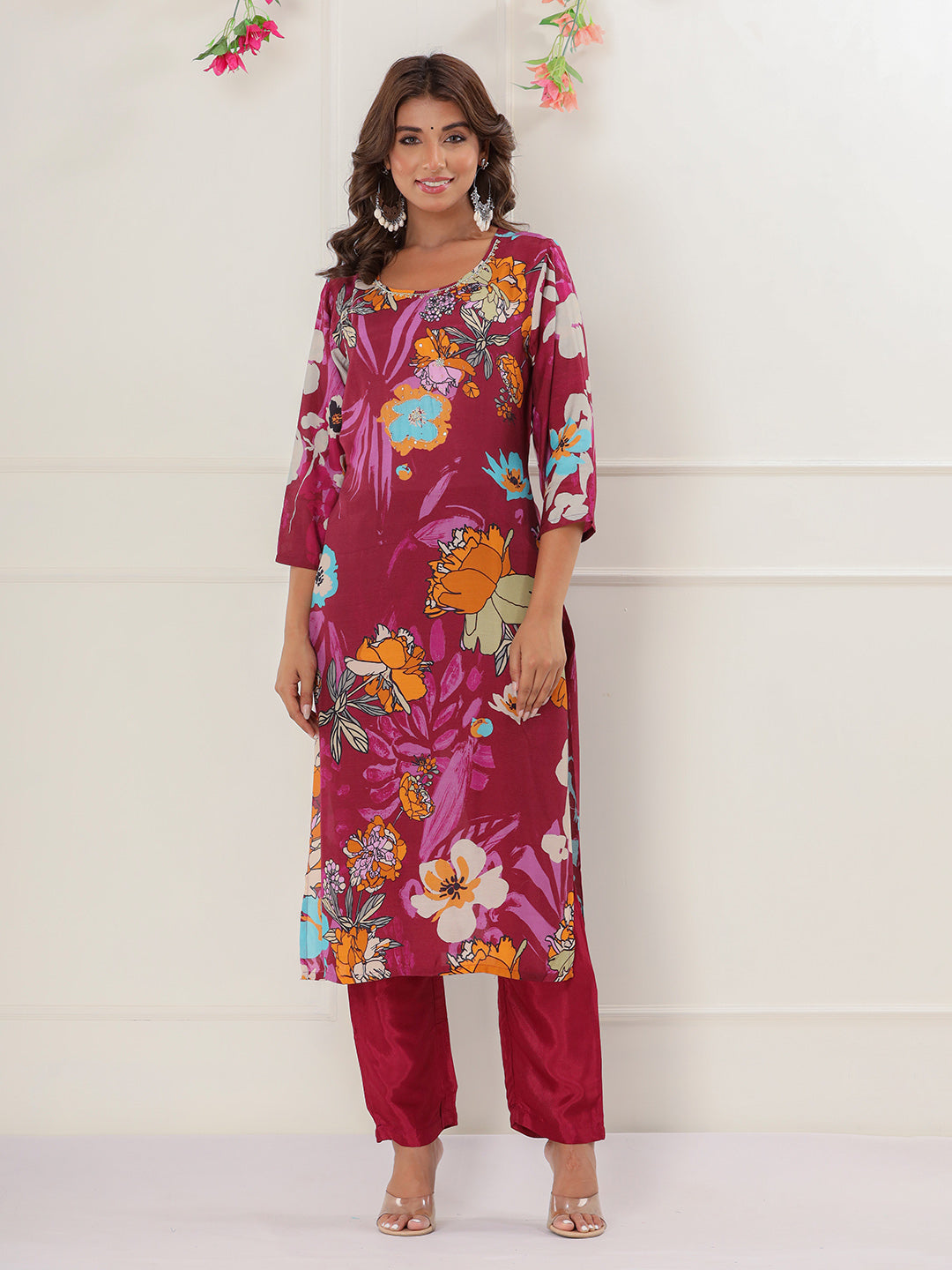 Magenta Digital Printed Muslin Straight Suit Set With Dupatta