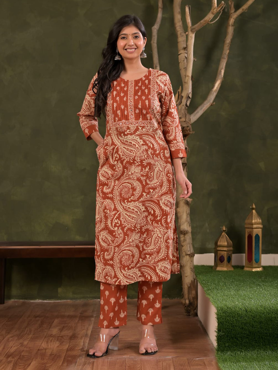 Red Embroidered Cotton Blend Straight Suit Set With Dupatta