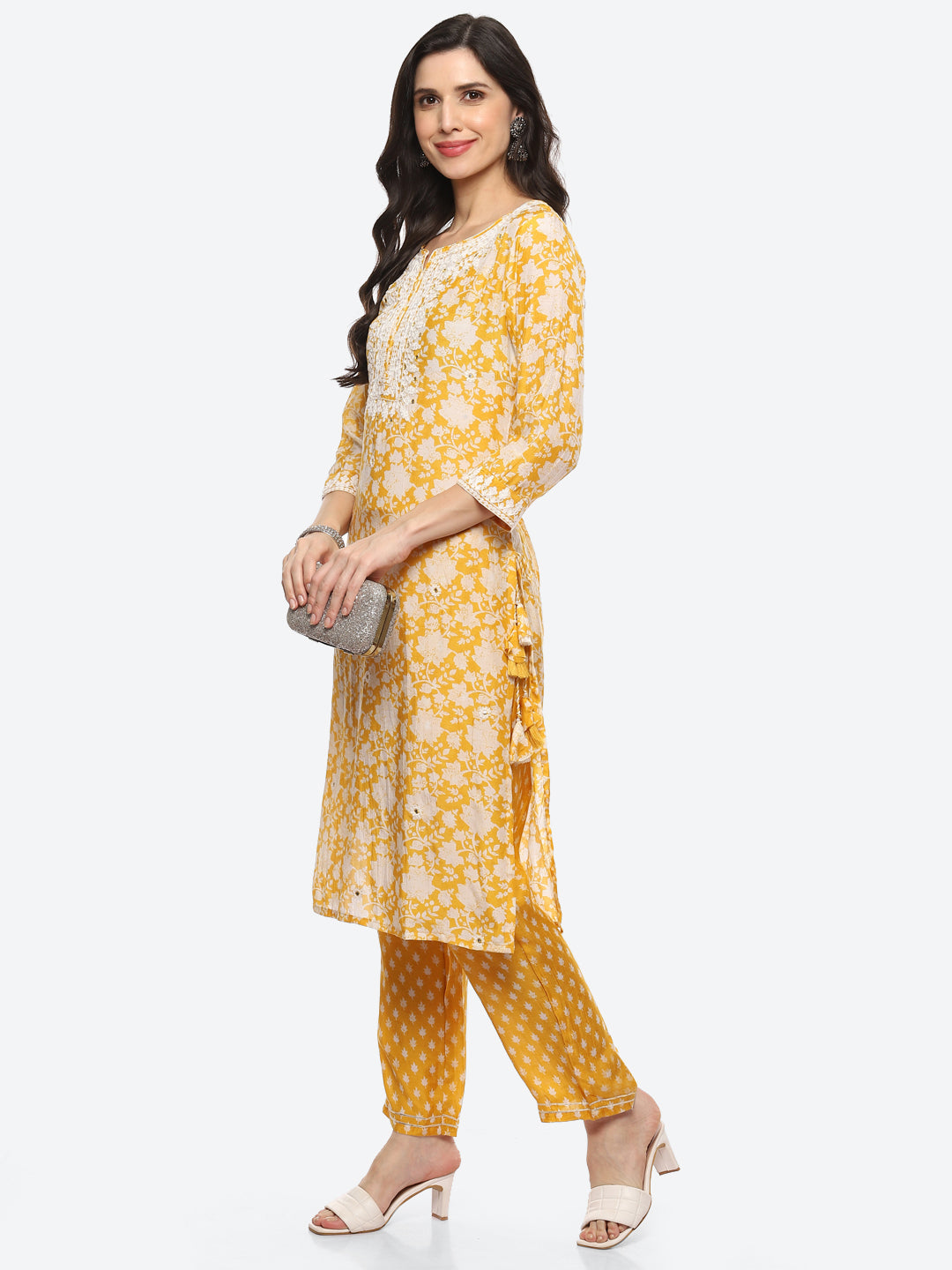 Resham Mirror Yoke Printed Muslin Kurta With Pant