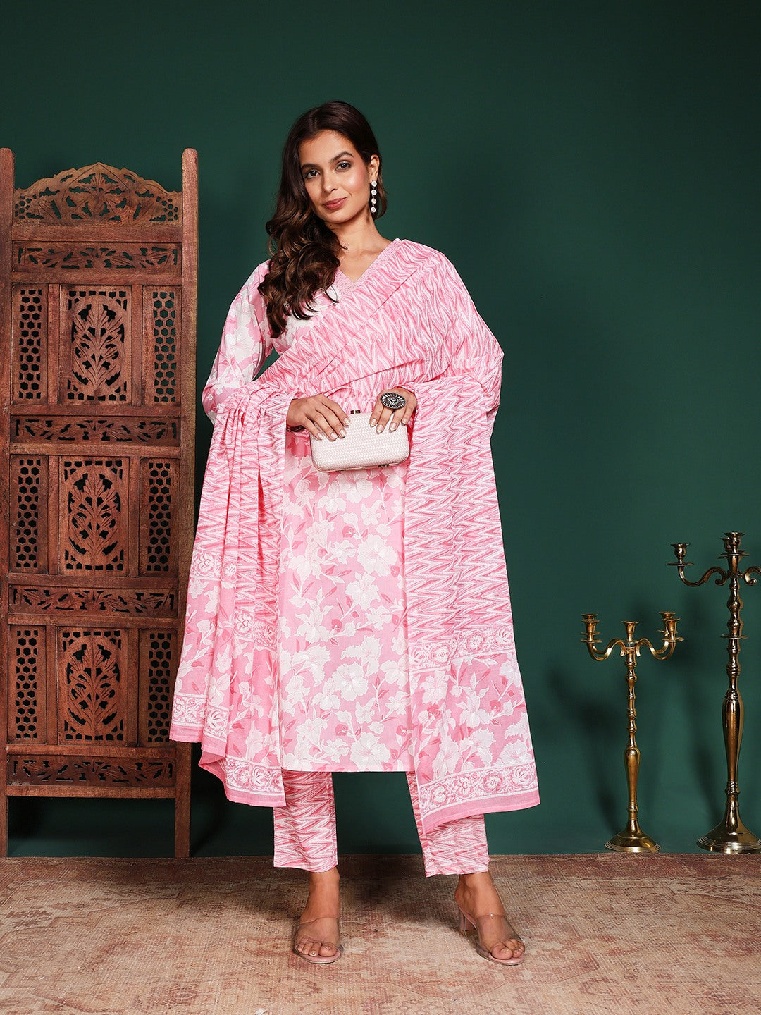 Printed Cotton Blend Kurta With Pant &amp; Dupatta