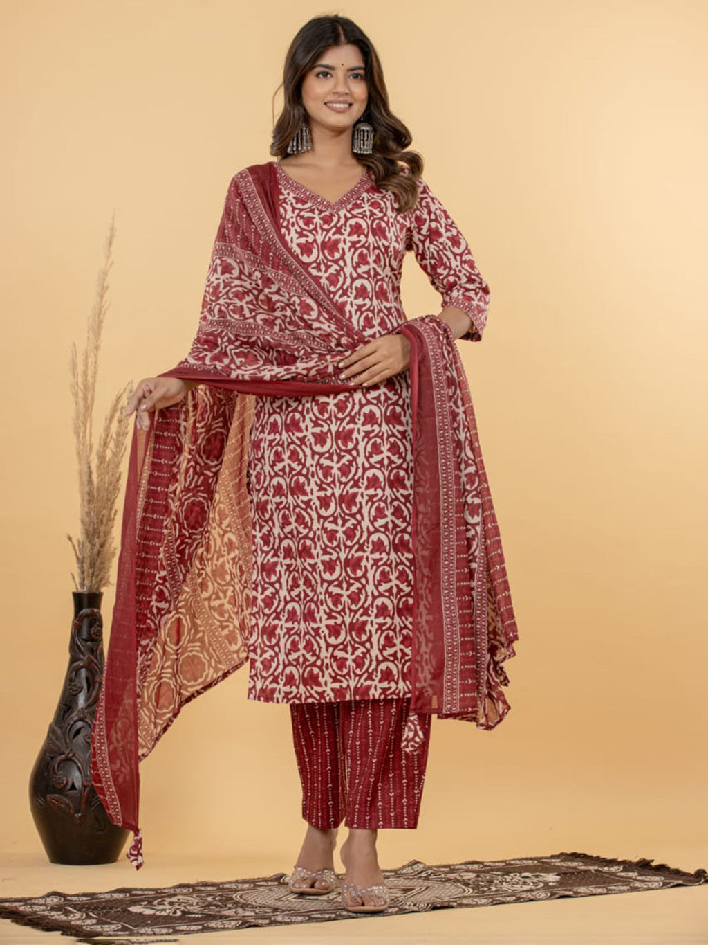 Red Embroidered Cotton Blend Straight Suit Set With Dupatta