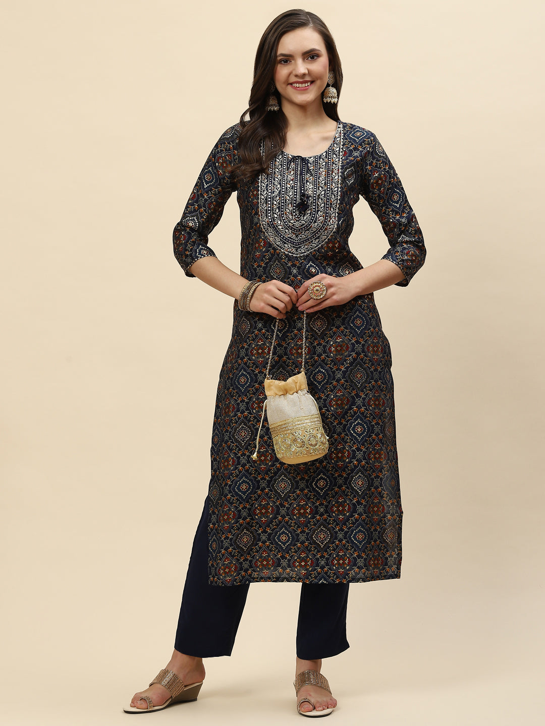 Zari Neck Embroidered & Printed Muslin Kurta With Pants