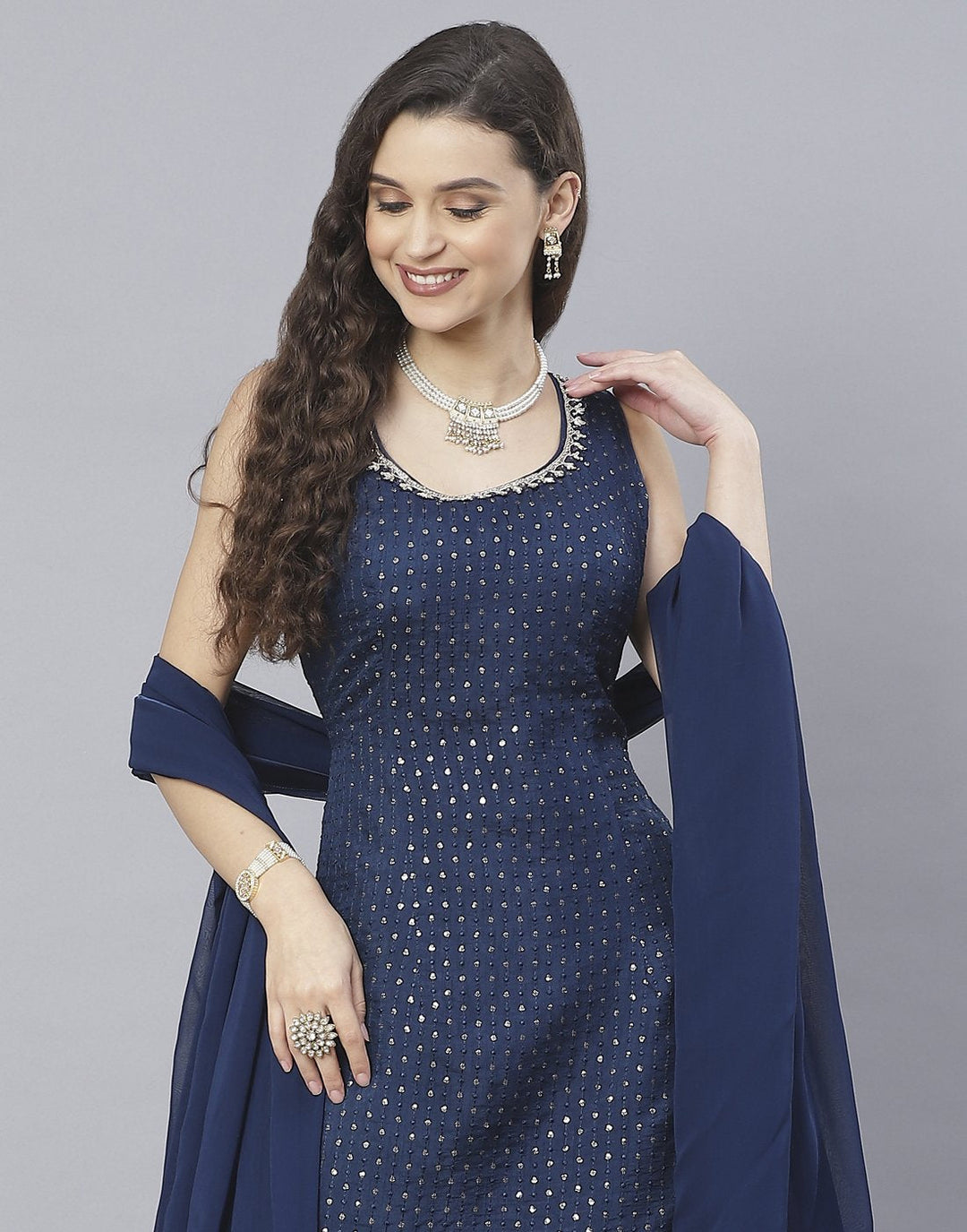 Navy Blue and Rani Handloom Dupion Salwar Kameez