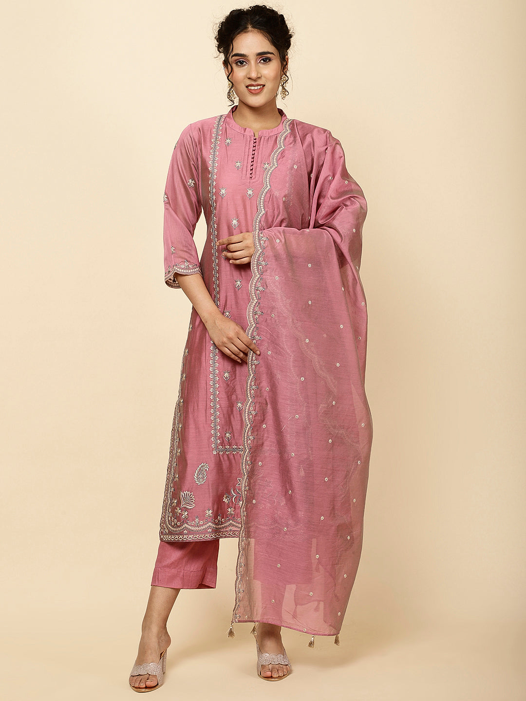 Embroidered Chanderi Kurta With Pants & Dupatta