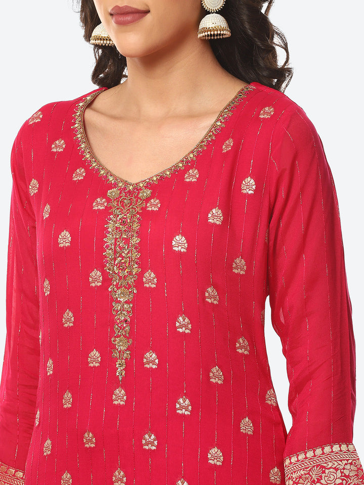 Zari Neck Embroidered Booti Border Kurta With Pant &amp; Dupatta