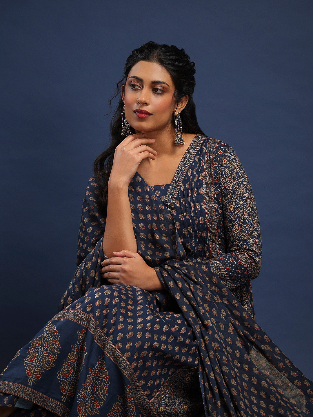 Blue Cotton Blend Printed Straight Suit Set