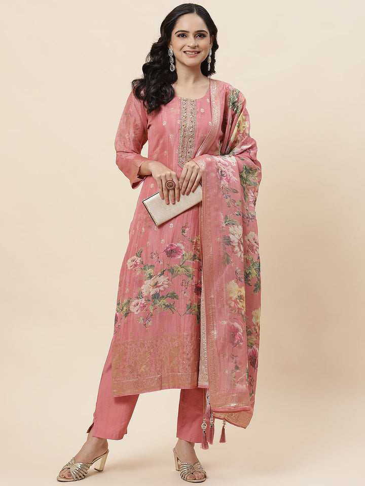Floral Printed Organza Kurta With Pants &amp; Dupatta