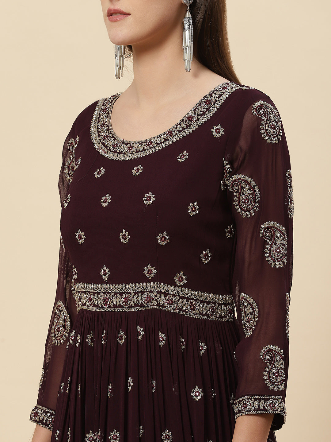 Resham Zari Embroidered Georgette Anarkali Kurta With Churidar & Dupatta
