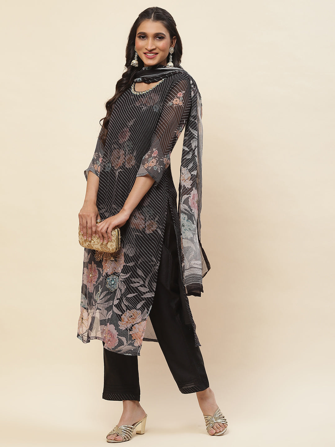 Floral Printed Georgette Kurta With Pants & Dupatta
