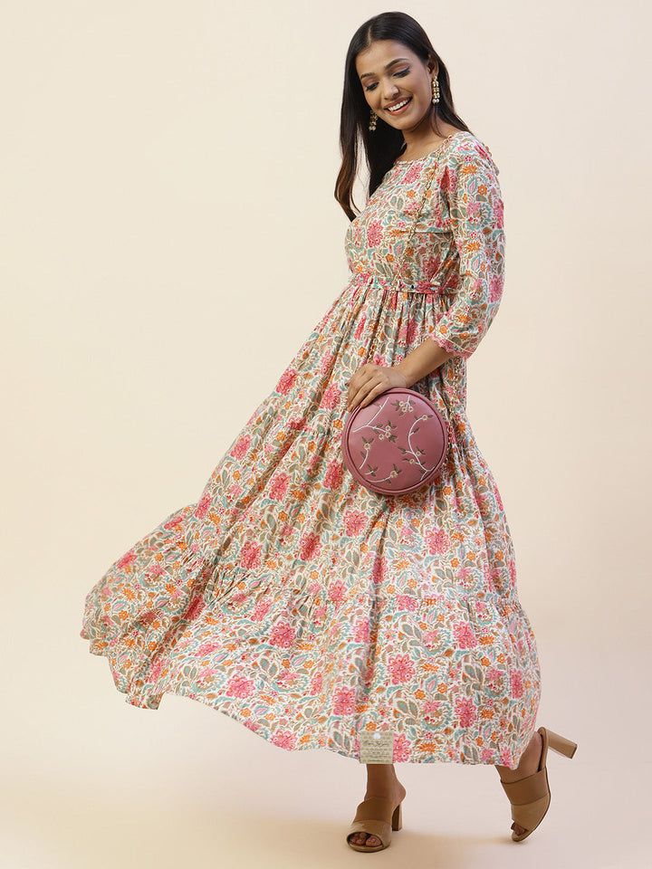Printed &amp; Yoke Embroidered Cotton Kurta