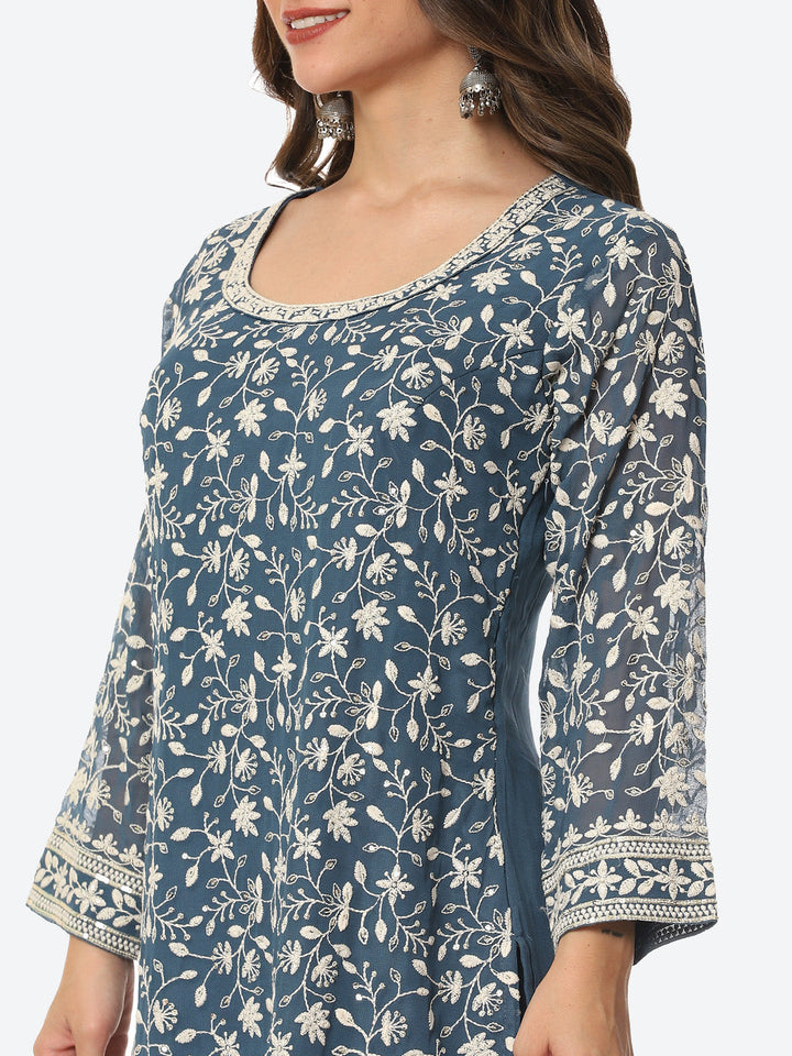 Resham Embroidered Georgette Kurta With Garara &amp; Dupatta