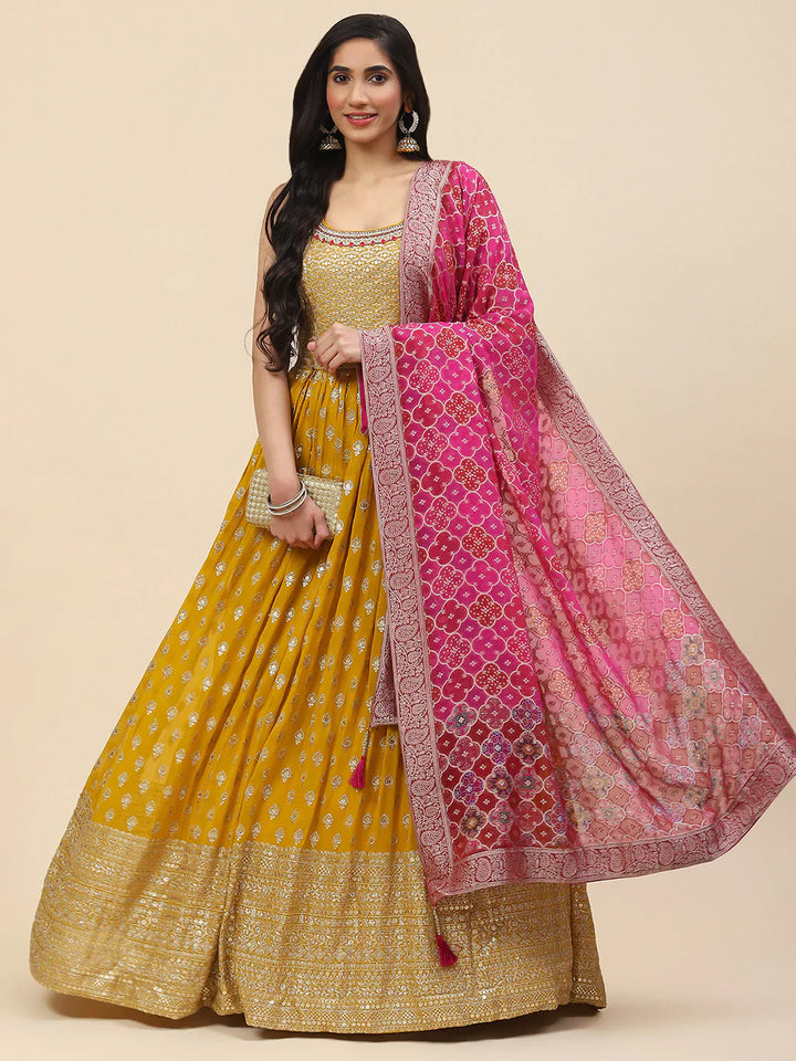 Sequin Embroidered Georgette Kurta With Churidar &amp; Dupatta