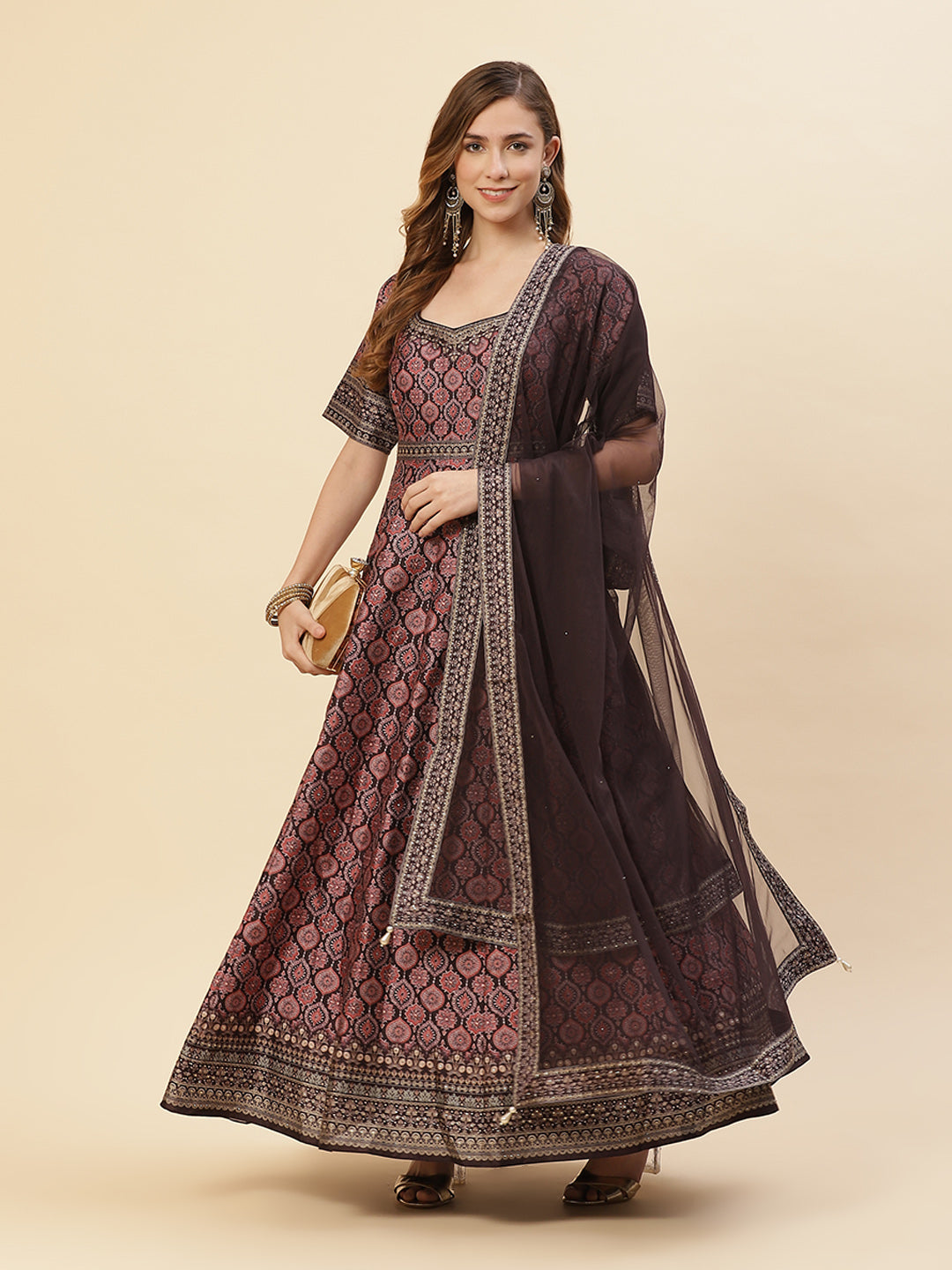 Digital Printed Art Tussar Anarkali Kurti With Chudidar And Net Dupatta