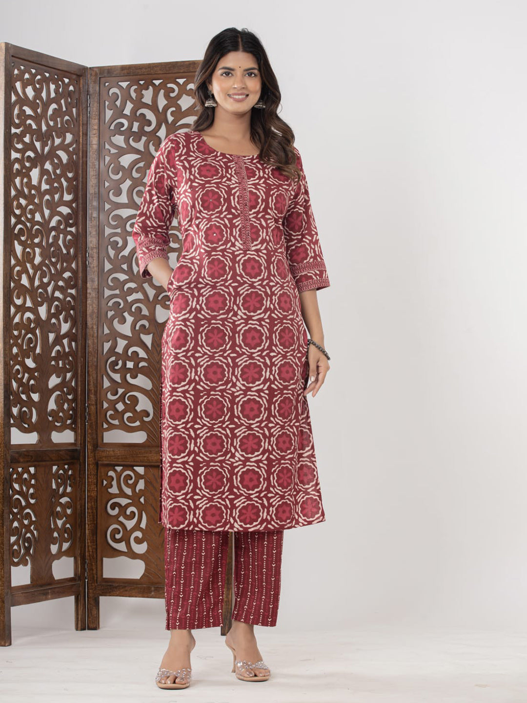 Maroon Embroidered Cotton Blend Straight Suit Set With Dupatta