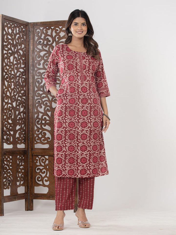 Maroon Embroidered Cotton Blend Straight Suit Set With Dupatta