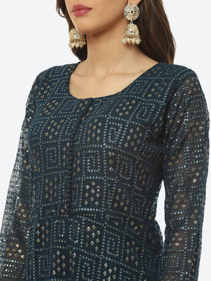 Sequin Embroidered Art Georgette Kurta With Palazzo &amp; Georgette Dupatta