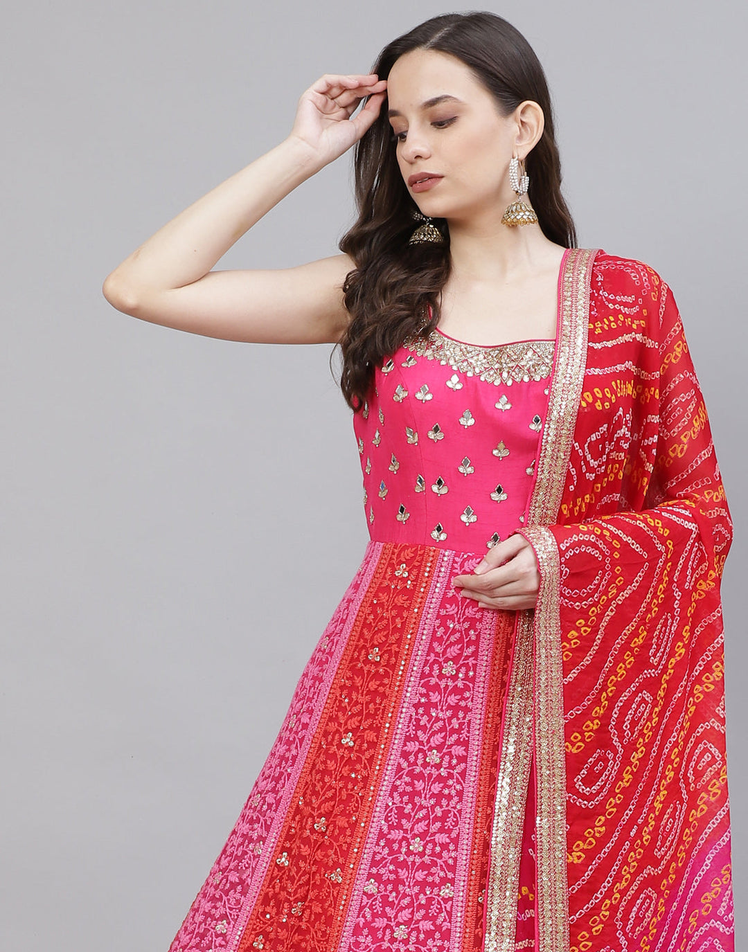 Mirror Work Georgettte Stitched Anarkali Salwar Kameez With Bandhani Printed Dupatta