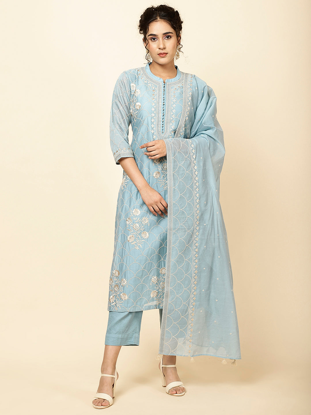 Embroidered Chanderi Kurta With Pants &amp; Dupatta