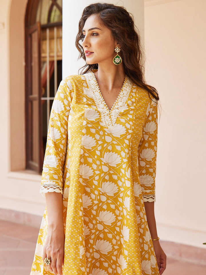 Floral Resham Printed Cotton Kurti With Dhoti