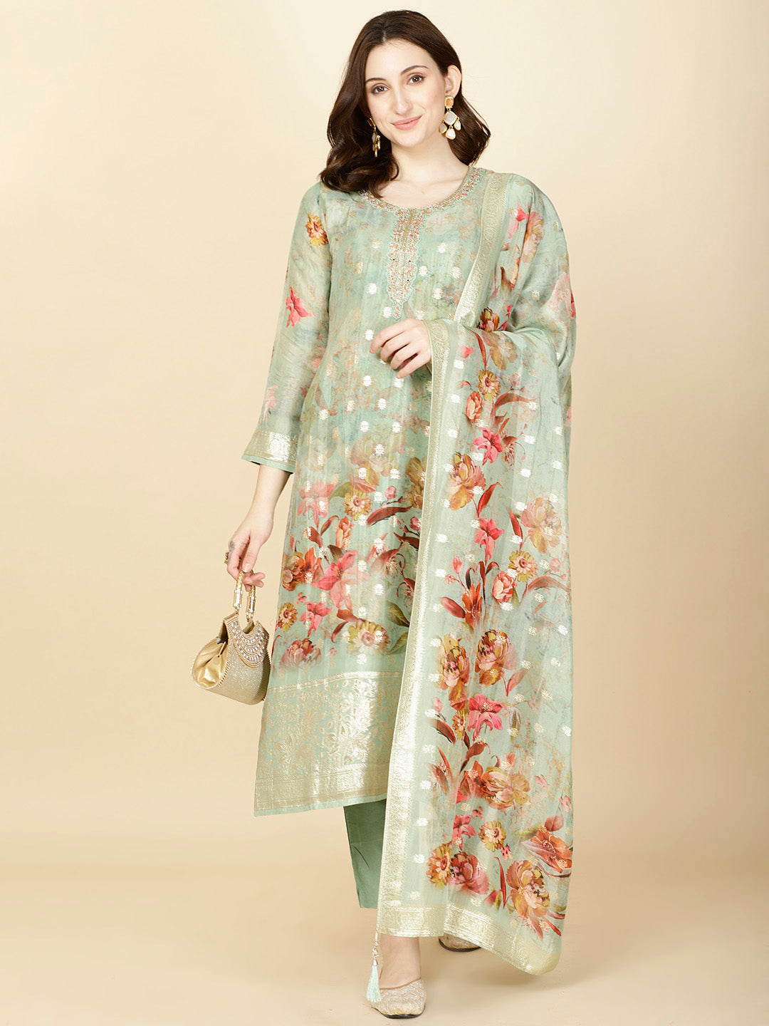 Floral Printed &amp; Woven Organza Kurta With Pants &amp; Dupatta