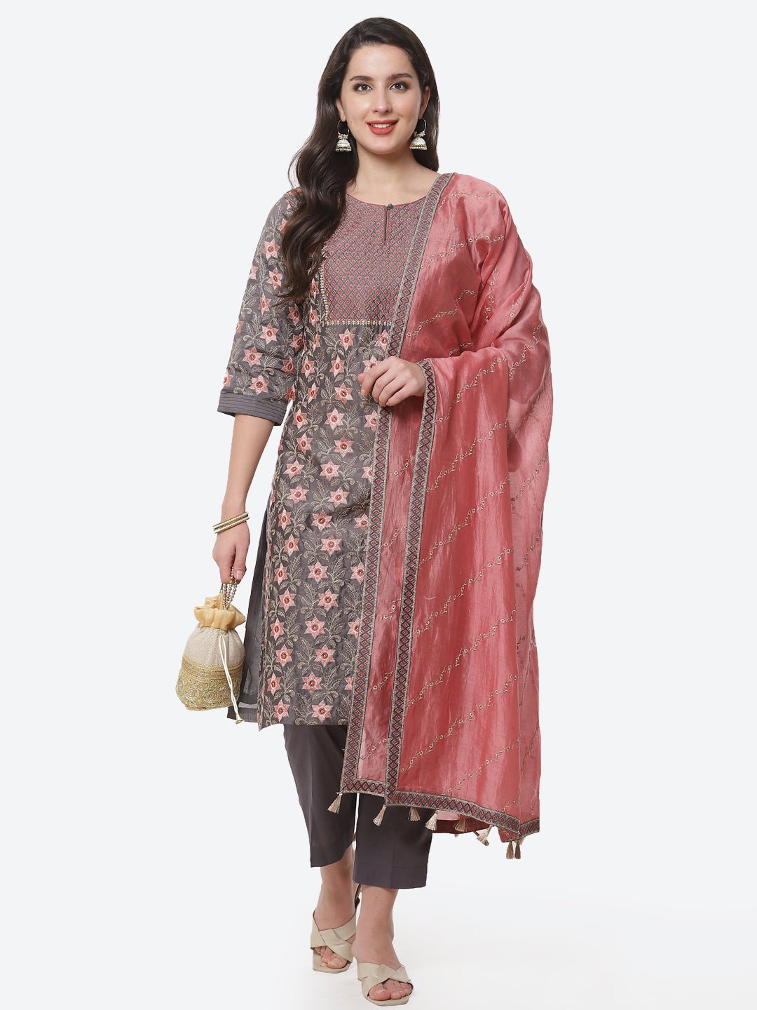 Printed Cotton Chanderi Kurti With Embroidered Chanderi Dupatta