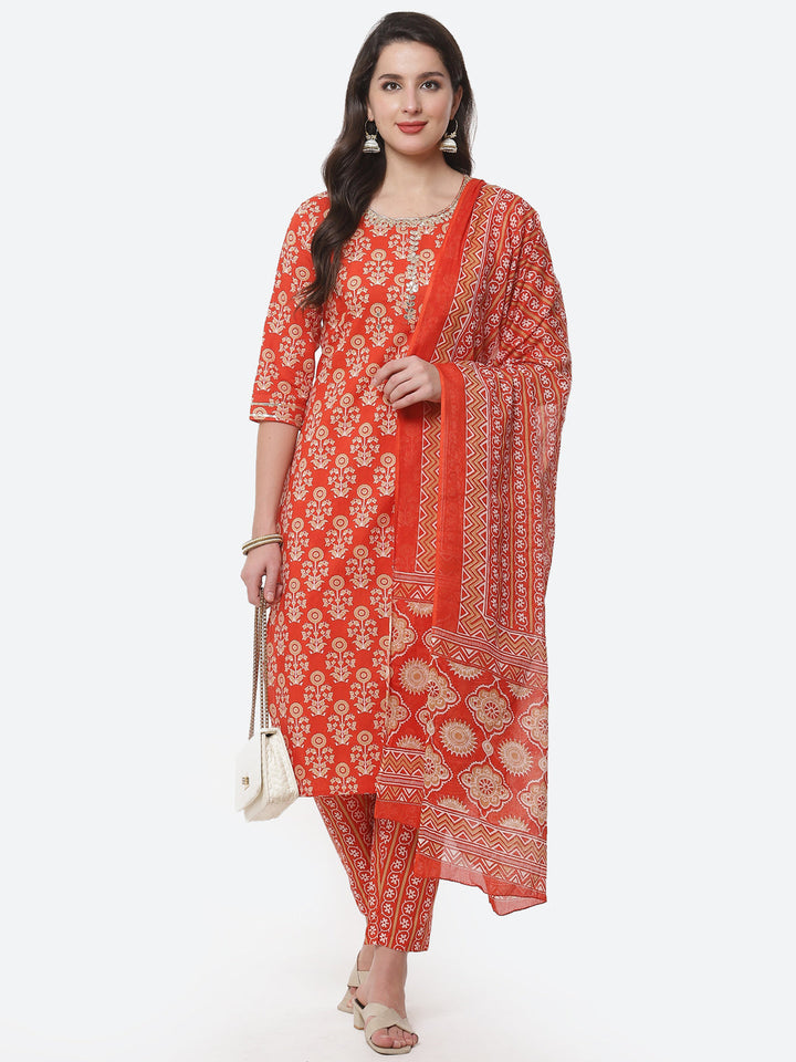 Printed Cotton Muslin Kurti With Printed Pant And Dupatta