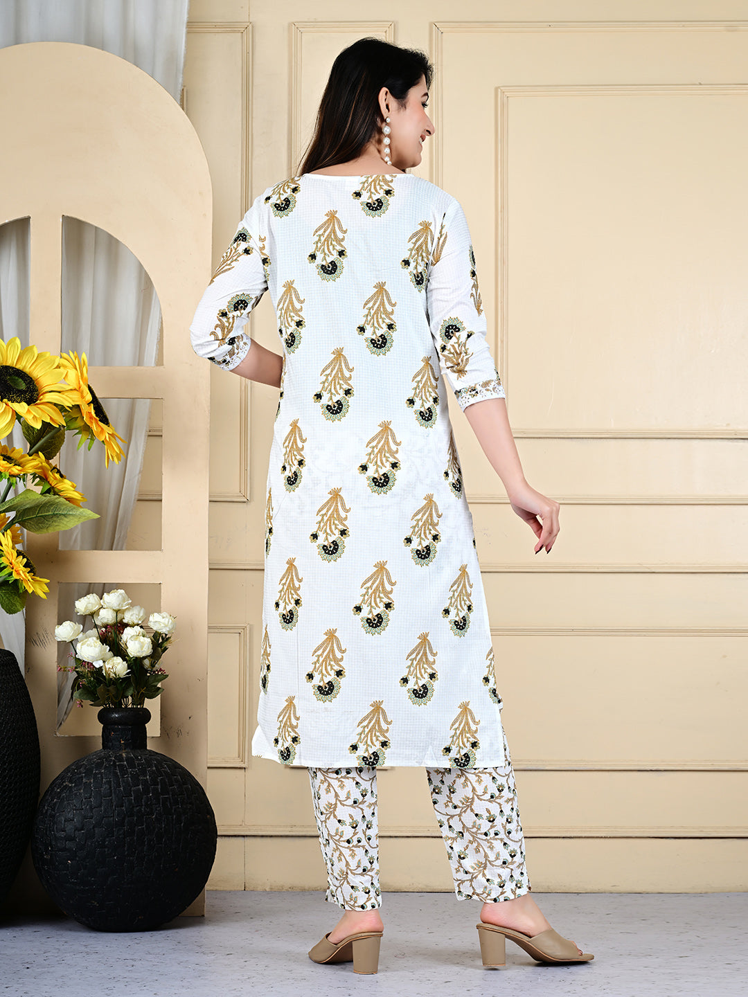 Printed Cotton Blend Kurta With Pants &amp; Dupatta