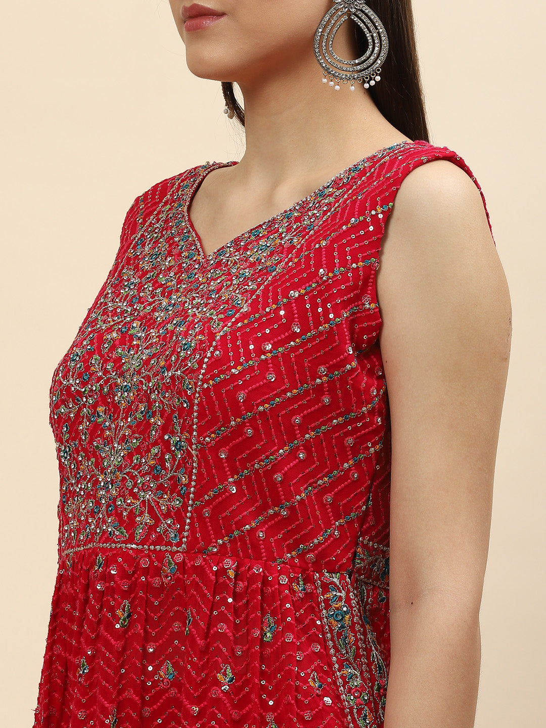 Sequin Embroidered Georgette Peplum Choli With Lehenga &amp; Dupatta