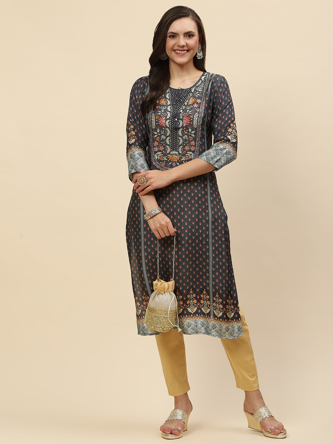 Neck Embroidered & Printed Handloom Kurta