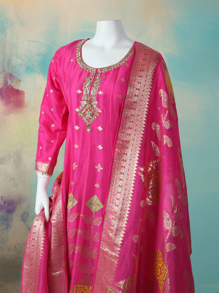 Embroidered Art Silk Stitched Kurta With Pant &amp; Dupatta