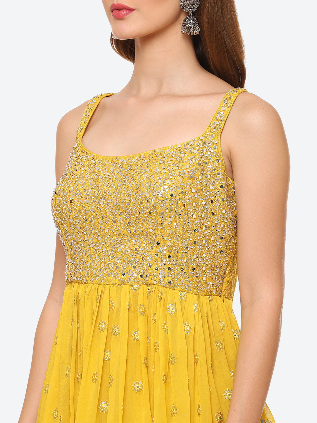 Mirror Neck Embroidered Georgette Peplum Kurti With Garara & Georgette Dupatta