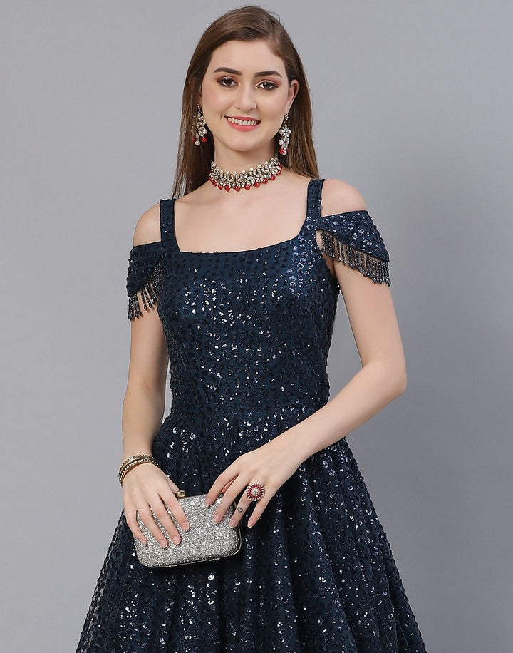 Teal Blue Georgette Long Dress