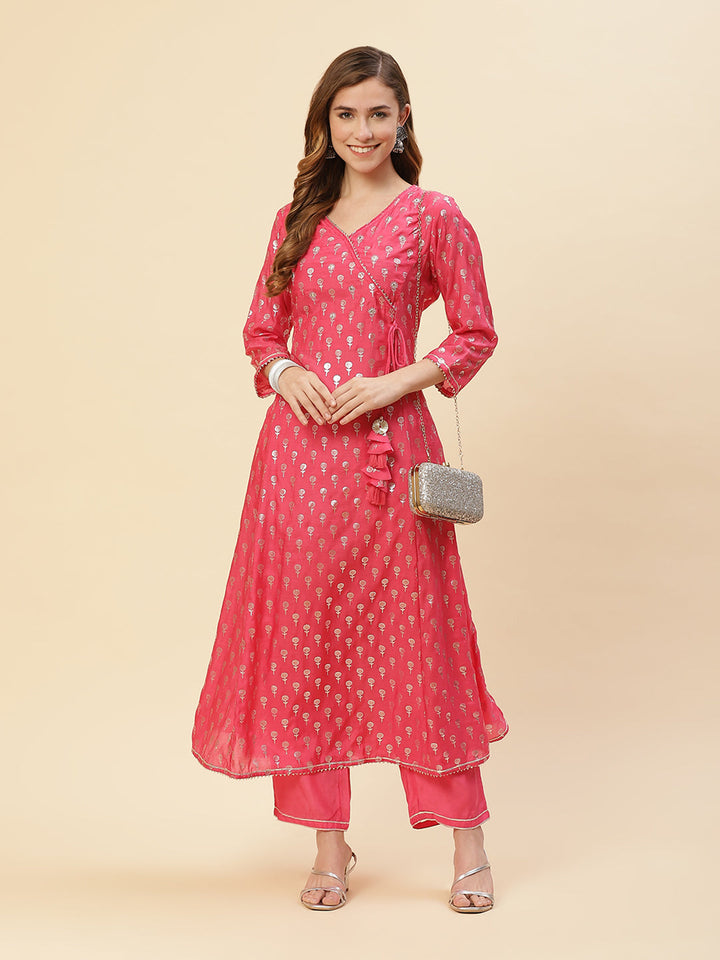 Cotton Muslin Zari Work Angrakha Kurti With Pant