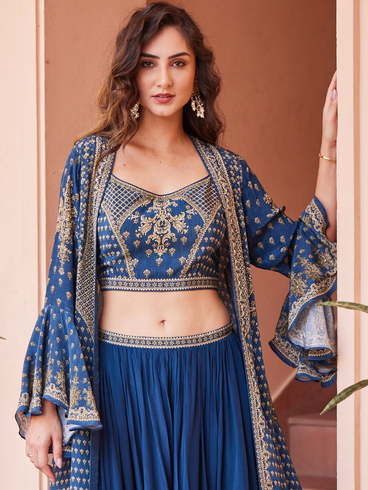 Digital Printed Crepe Kurti With Sharara &amp; Georgette Jacket
