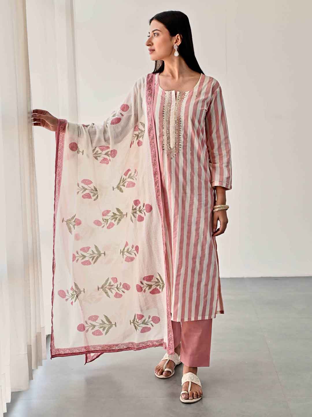 Printed Cotton Kurta With Pants &amp; Dupatta
