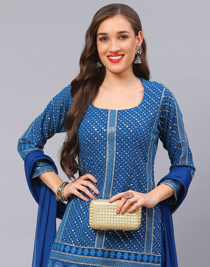 Sequin Georgette Kurti With Sharara &amp; Net Dupatta