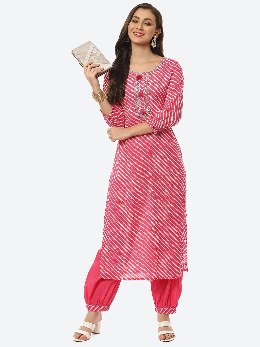 Printed Neck Embroidered Cotton Kurta With Pant