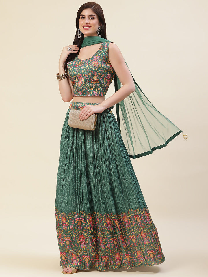 Floral Printed Crepe Choli With Lehenga &amp; Dupatta