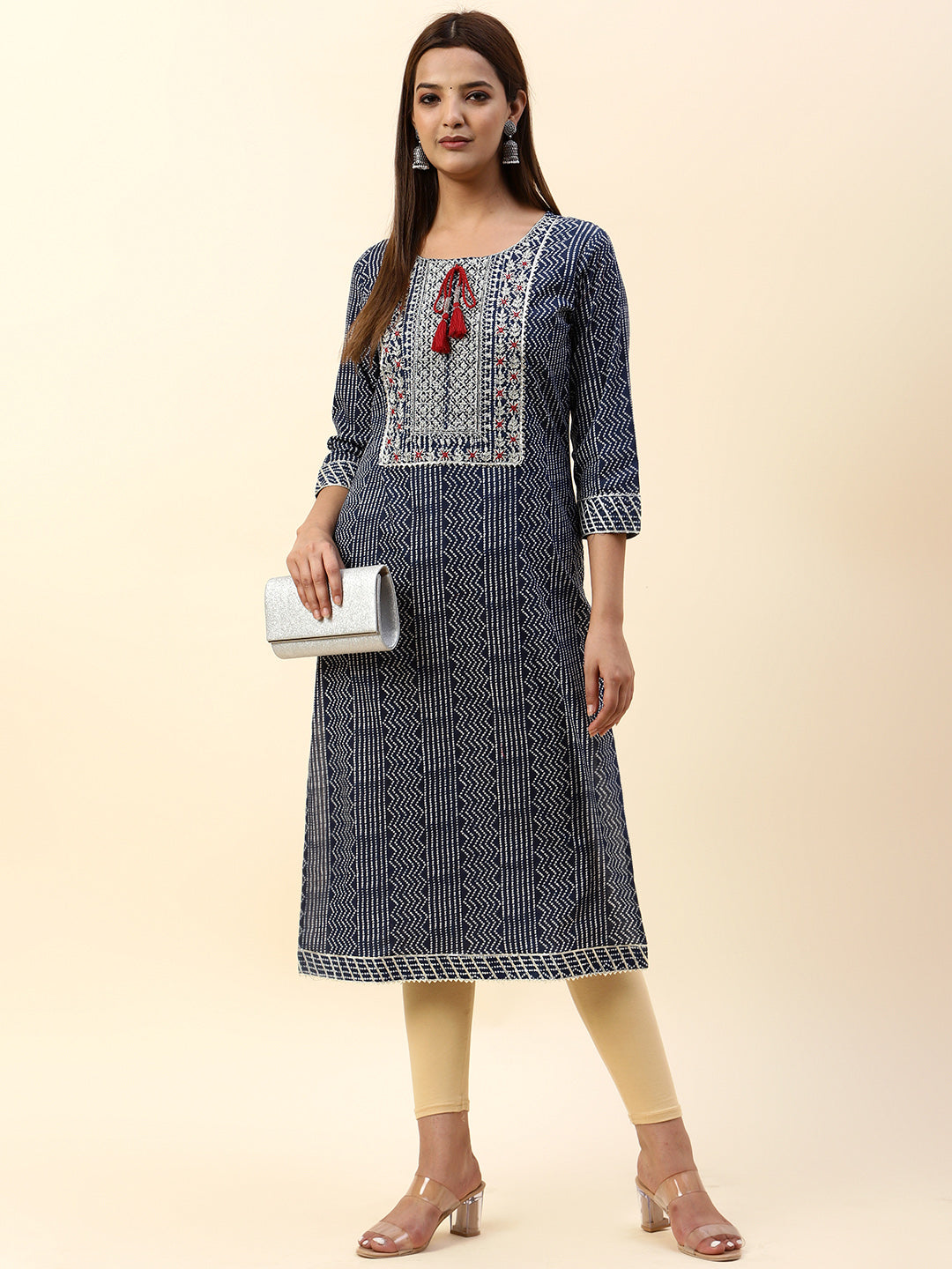 Printed &amp; Neck Embroidered Cotton Kurta