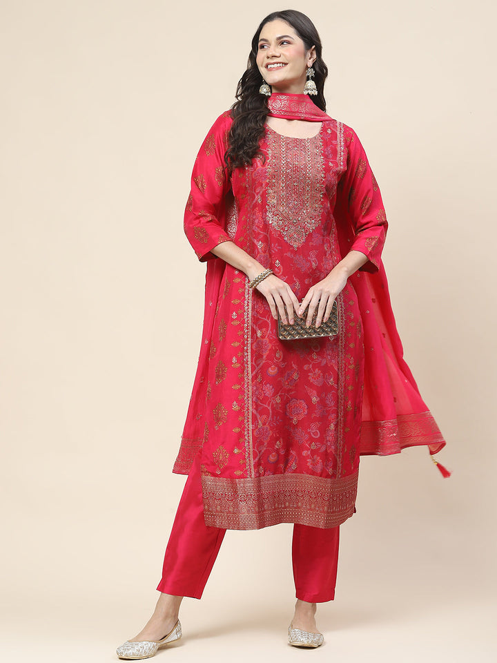 Floral Printed Handloom Kurta With Pants &amp; Dupatta